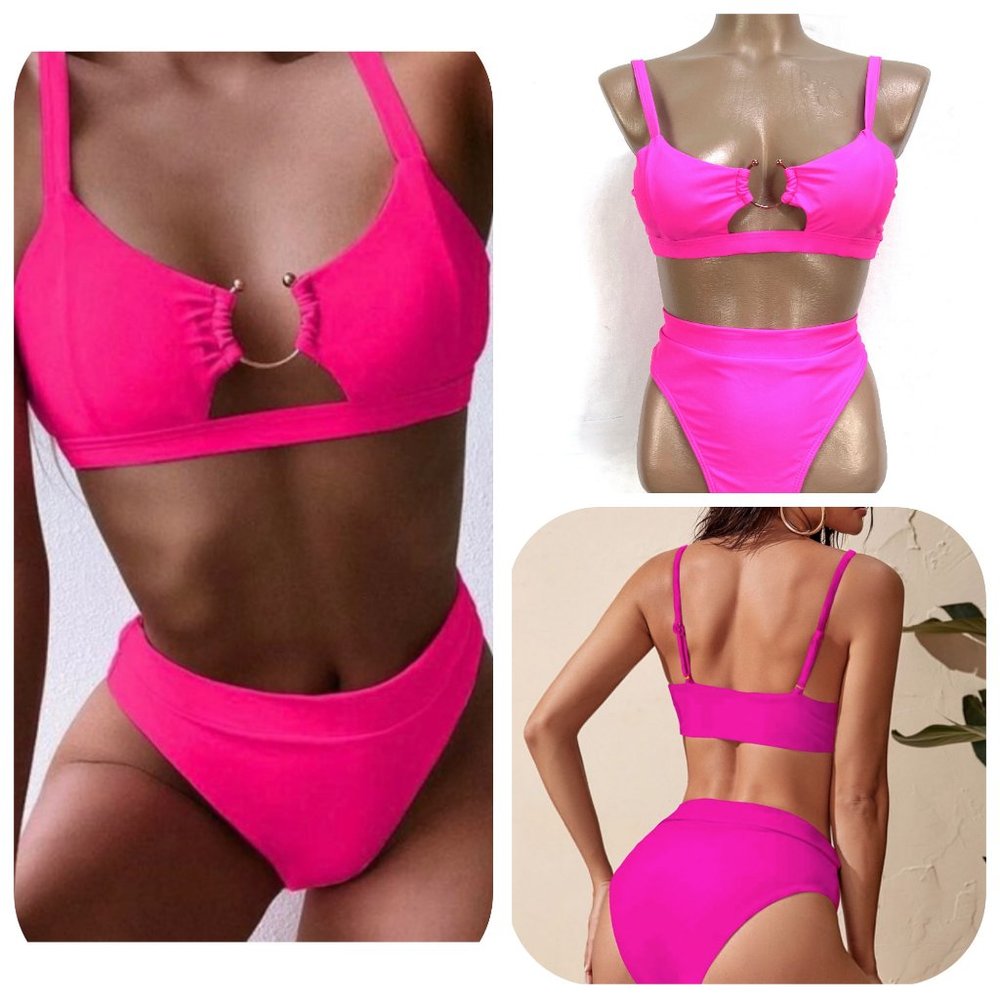 NWOT Shein high leg, high waist hot pink swimsuit